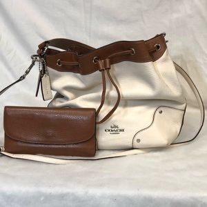 WHITE AND BROWN COACH SATCHEL AND WALLET